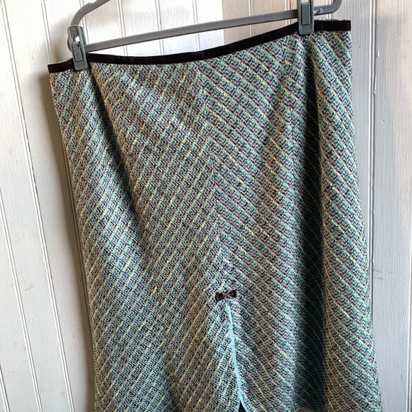 Tapemeasure Vintage Y2K Blue PInk Tweed Pastel Skirt Bow Detail Slit w Slip - 18